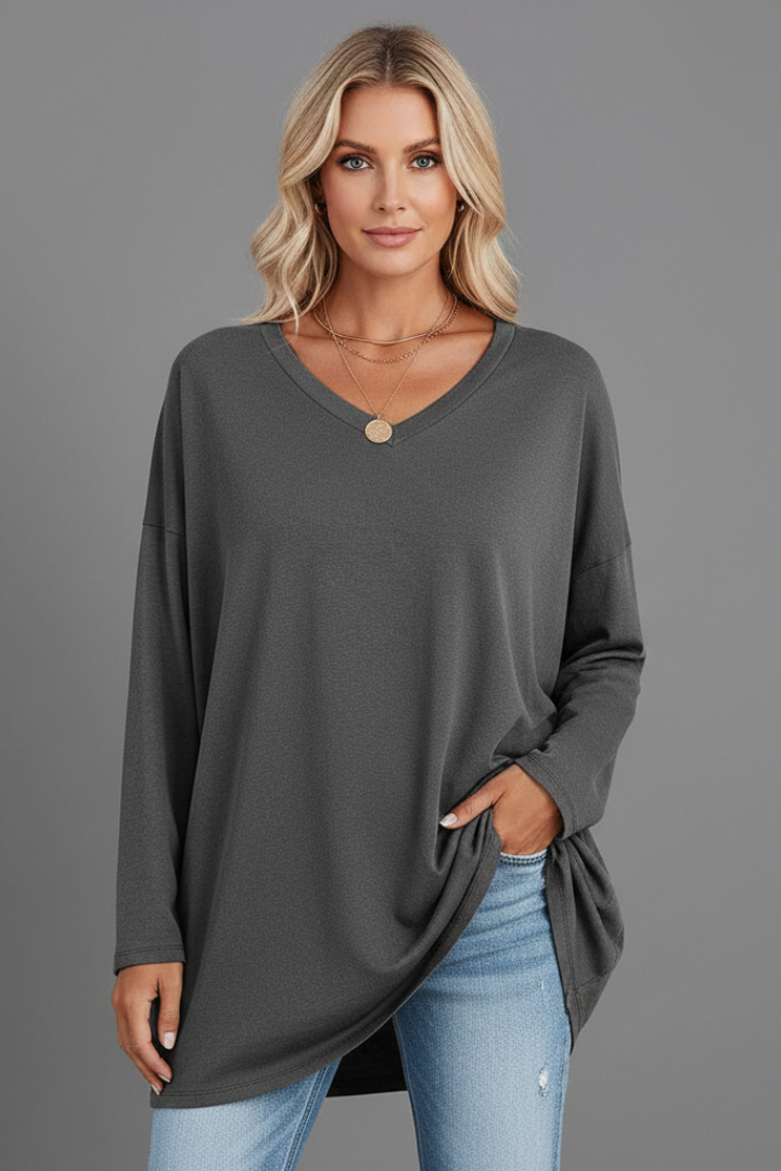 Longsleeve dames met V-hals, losse pasvorm en verlengde zoom 3