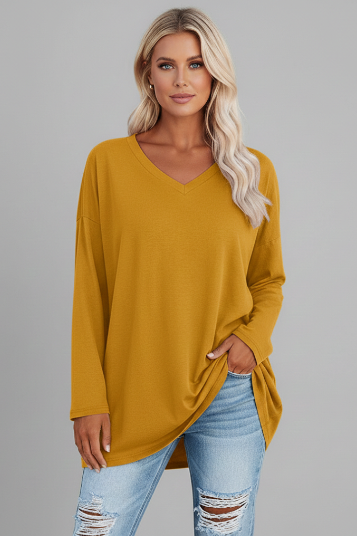 Longsleeve dames met V-hals, losse pasvorm en verlengde zoom 4