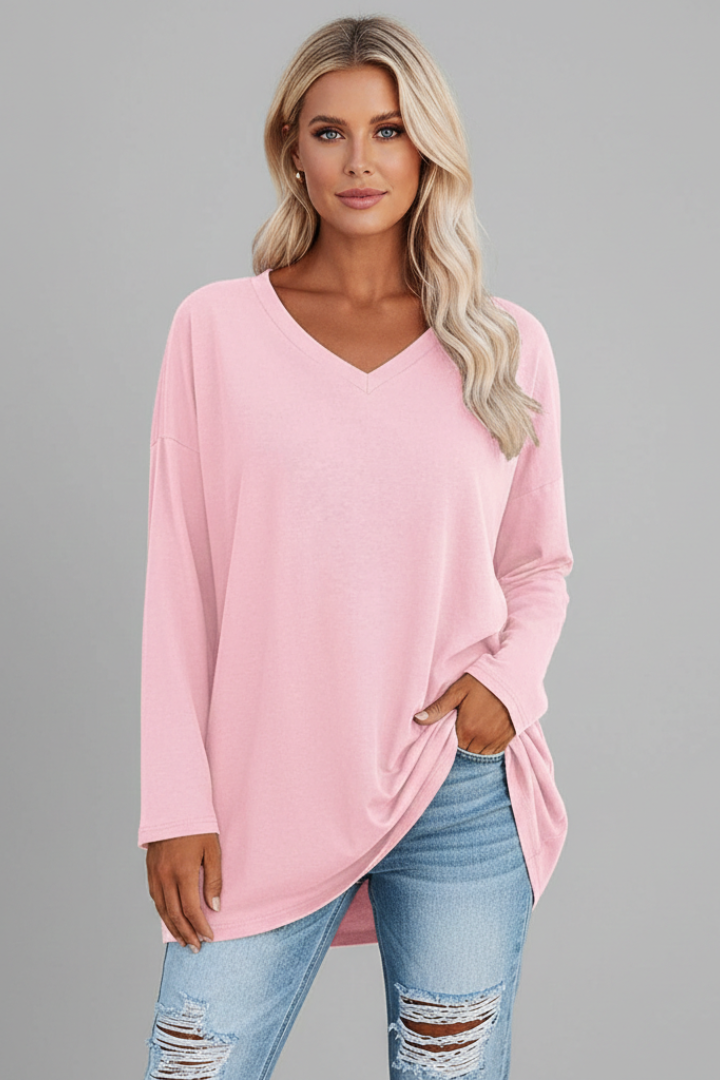 Longsleeve dames met V-hals, losse pasvorm en verlengde zoom 9