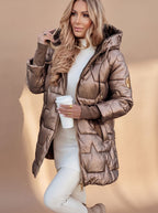 Midi winterjas dames gewatteerd glanzend met capuchon 1