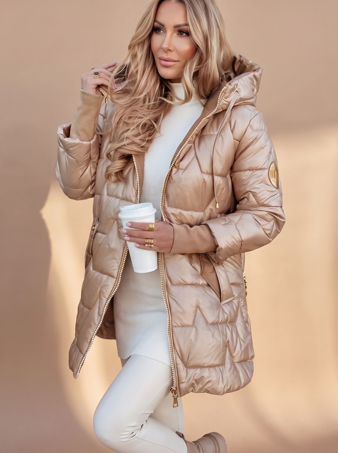 Midi winterjas dames gewatteerd glanzend met capuchon 2