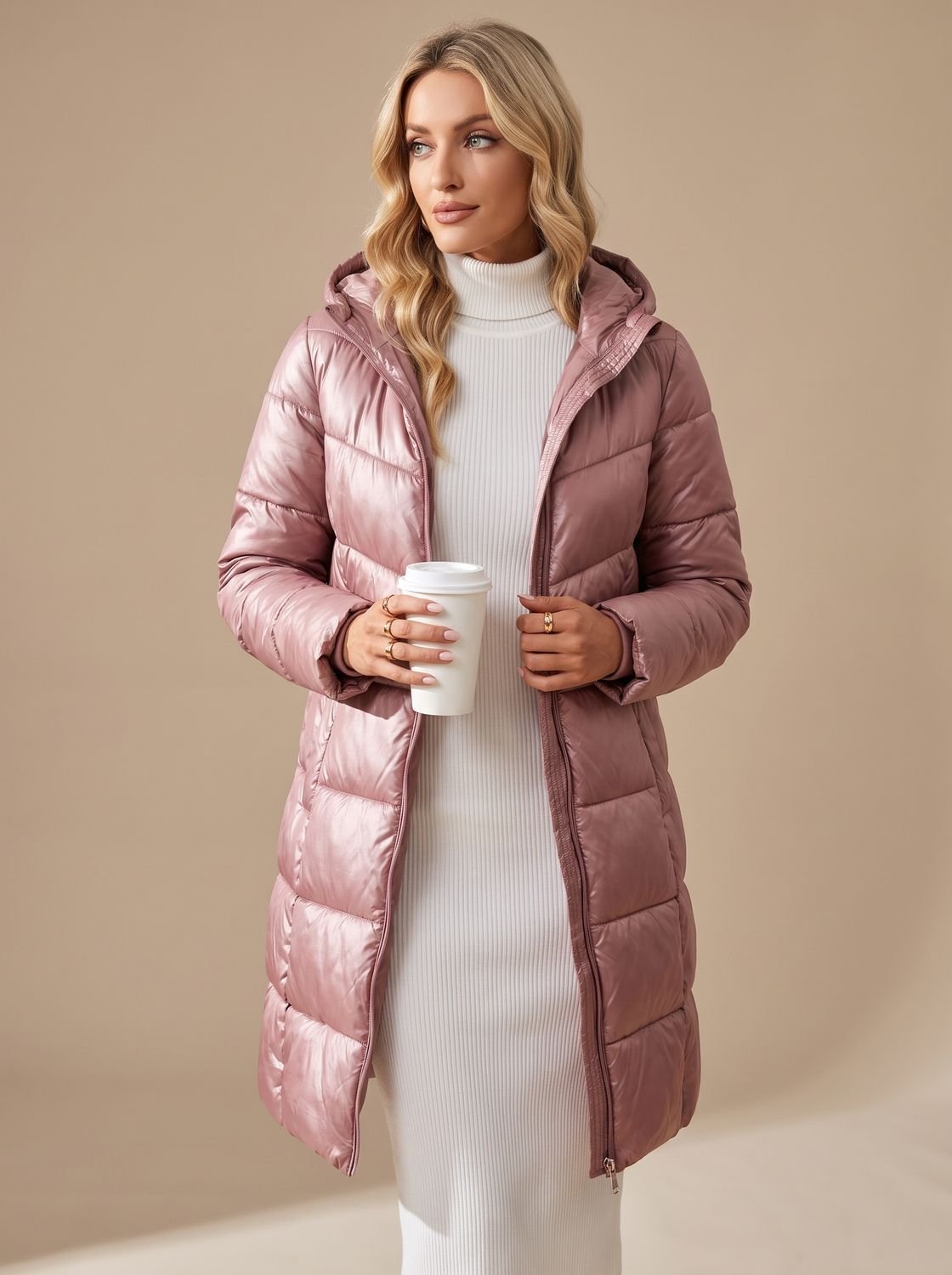 Midi winterjas dames gewatteerd glanzend met capuchon 3