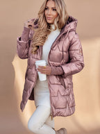 Midi winterjas dames gewatteerd glanzend met capuchon 8