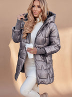 Midi winterjas dames gewatteerd glanzend met capuchon 9