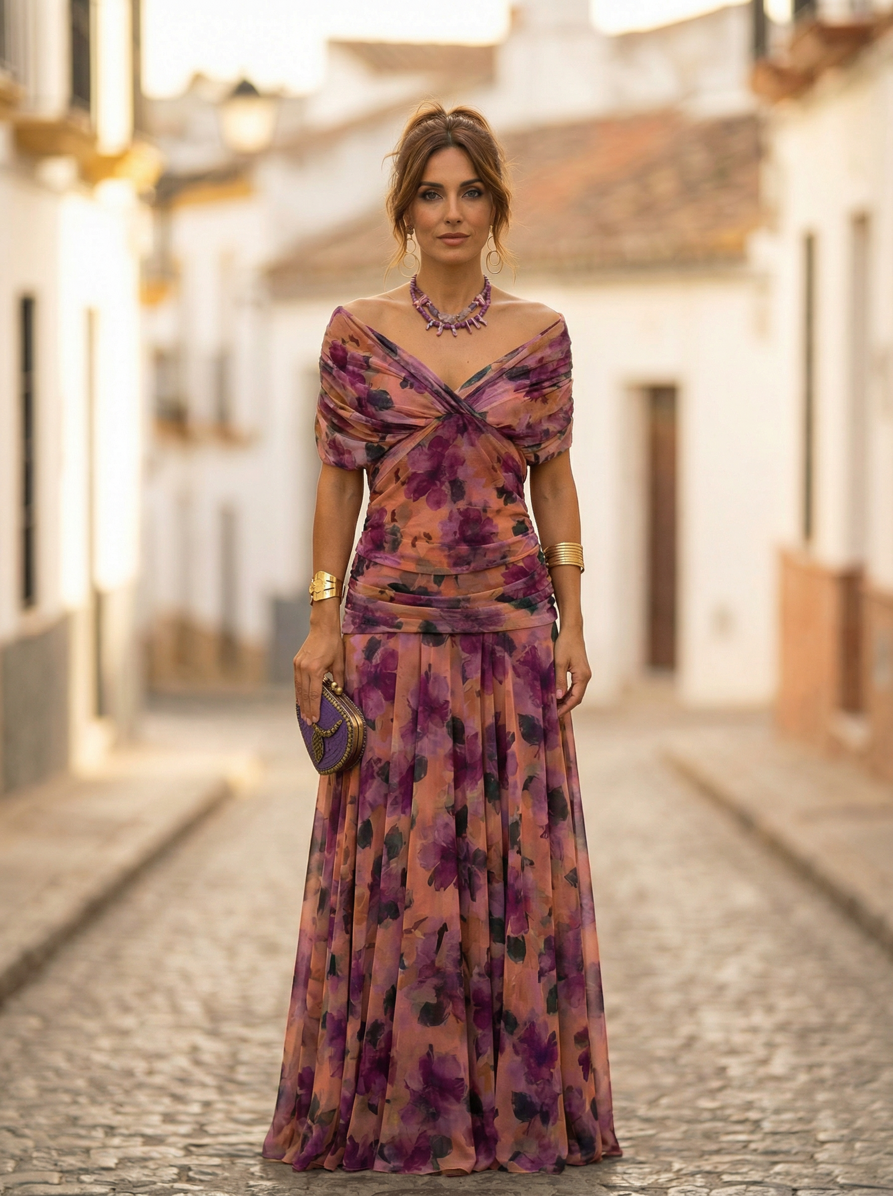 Sidonie - Lange zomerjurk met V-hals en rimpeleffect dames