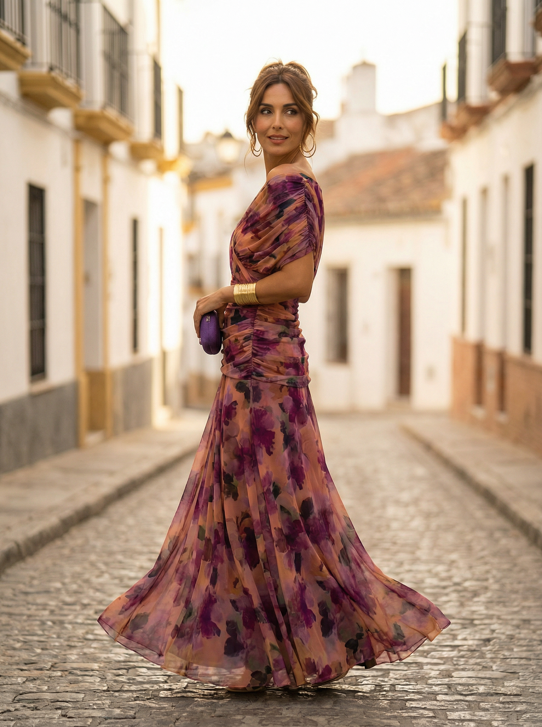 Sidonie - Lange zomerjurk met V-hals en rimpeleffect dames
