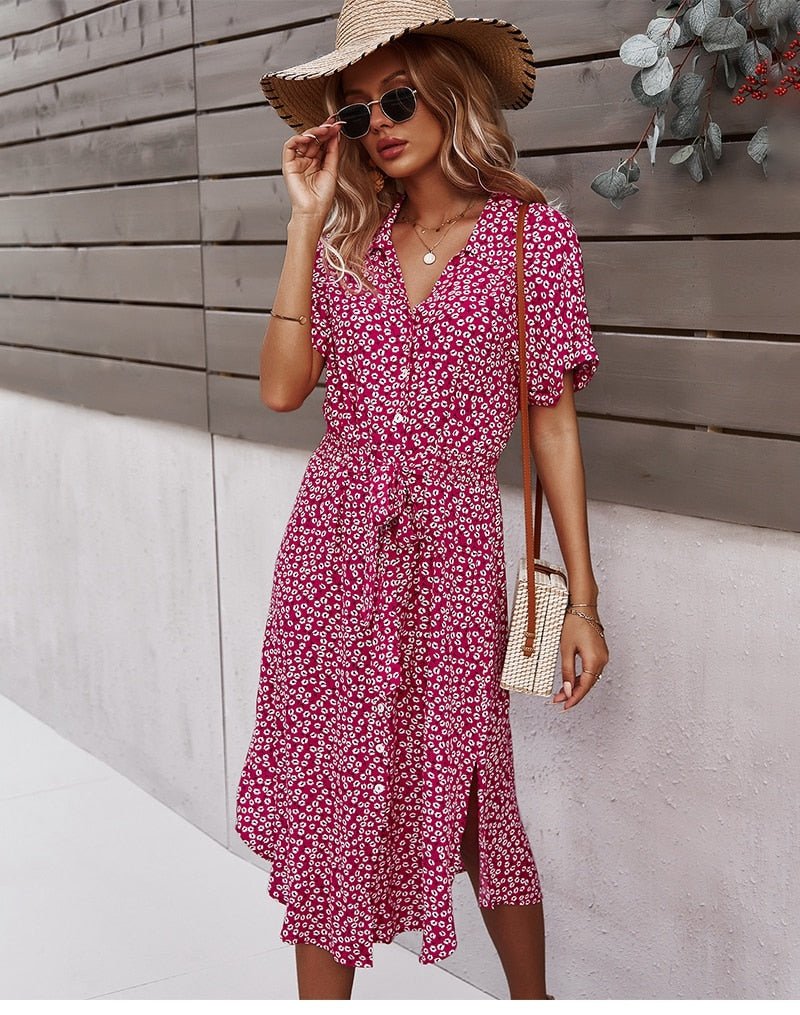 Margot - Midi jurk met ceintuur en bloemenprint dames