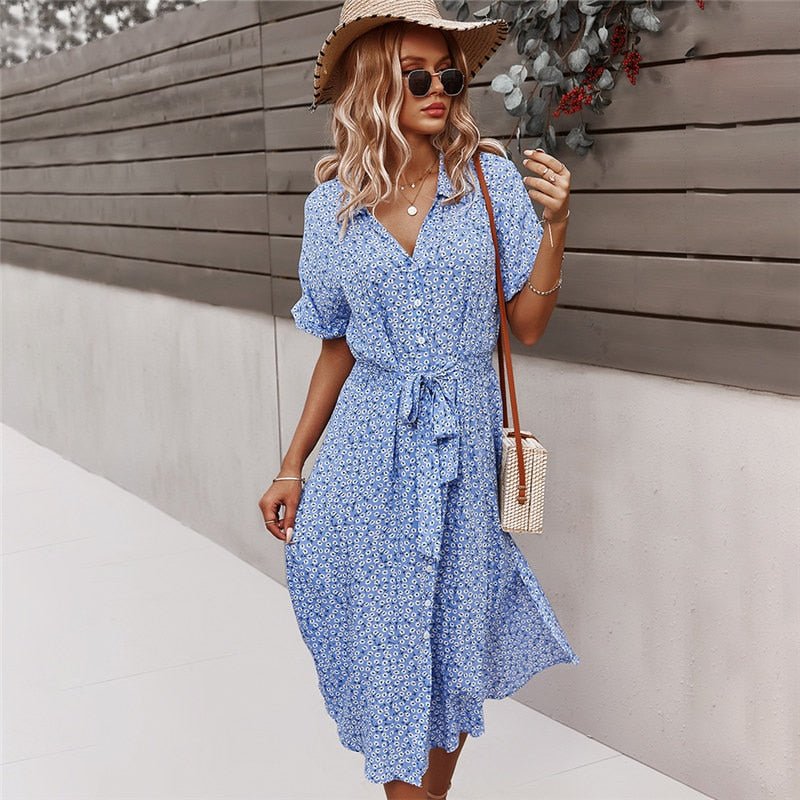 Margot - Midi jurk met ceintuur en bloemenprint dames