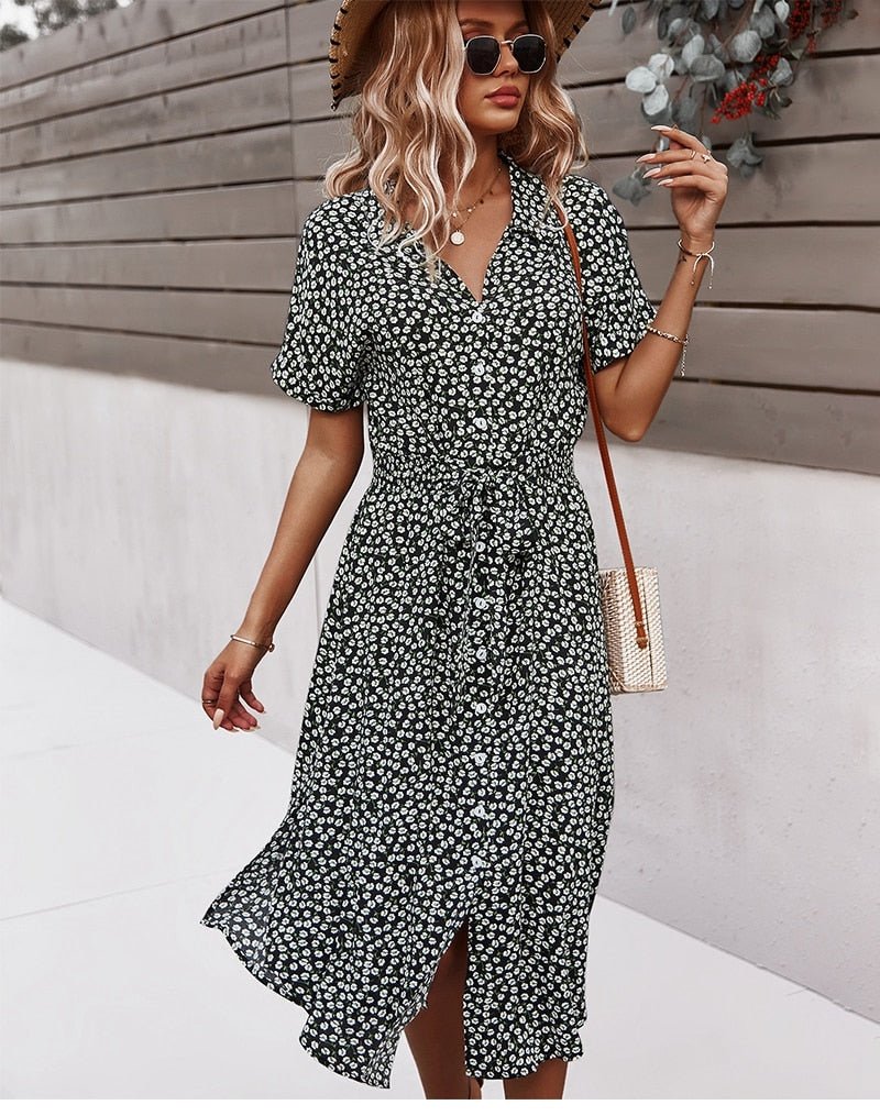 Margot - Midi jurk met ceintuur en bloemenprint dames