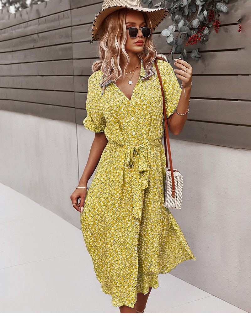 Margot - Midi jurk met ceintuur en bloemenprint dames