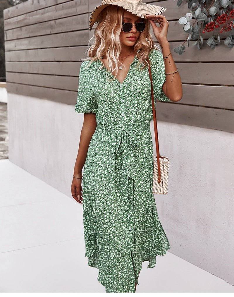 Margot - Midi jurk met ceintuur en bloemenprint dames