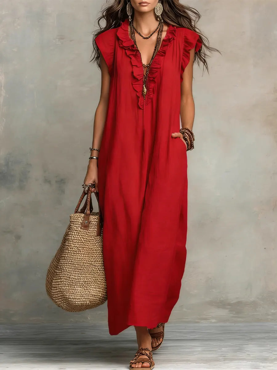 Lange linnen jurk dames bohemian met volants en zakken
