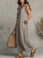 Lange linnen jurk dames bohemian met volants en zakken