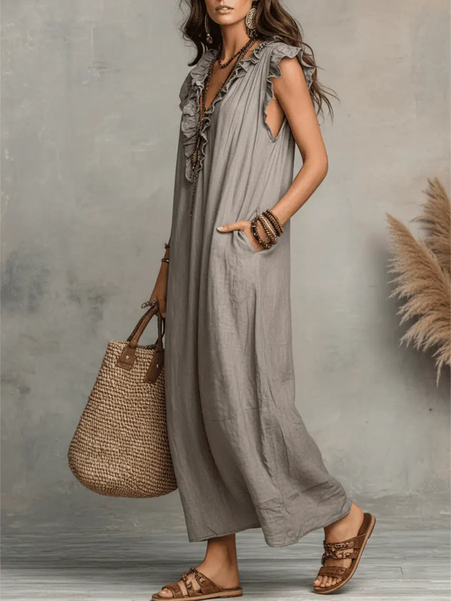 Lange linnen jurk dames bohemian met volants en zakken