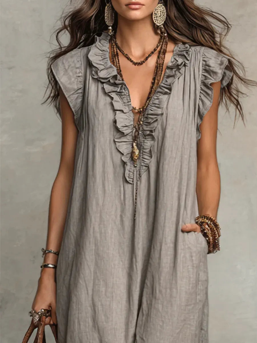 Lange linnen jurk dames bohemian met volants en zakken