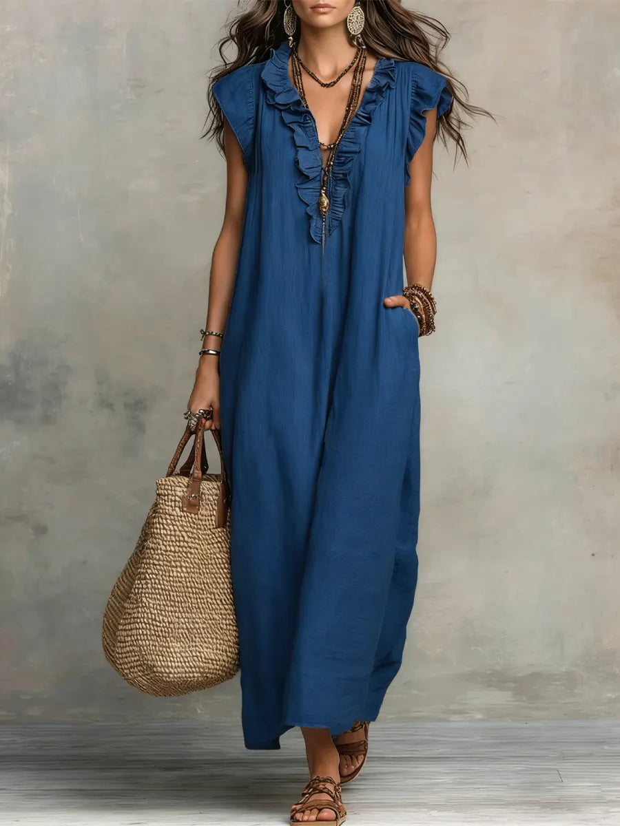Lange linnen jurk dames bohemian met volants en zakken