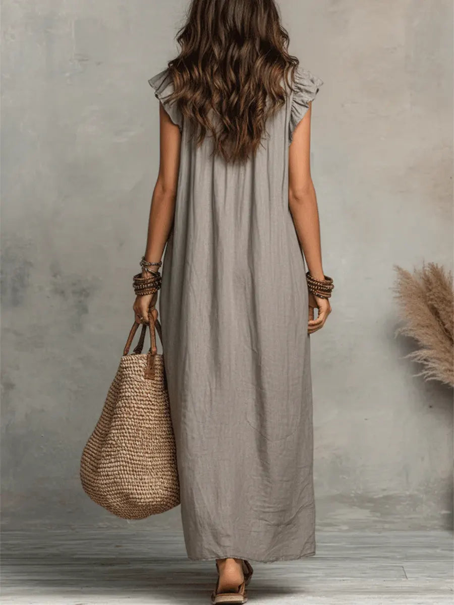 Lange linnen jurk dames bohemian met volants en zakken