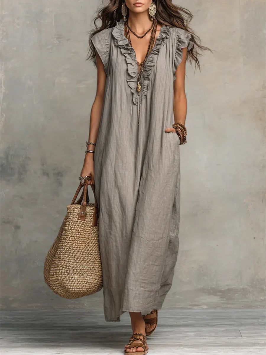 Lange linnen jurk dames bohemian met volants en zakken
