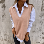 Oversized gebreide spencer dames met diepe V-hals en ribboord 1