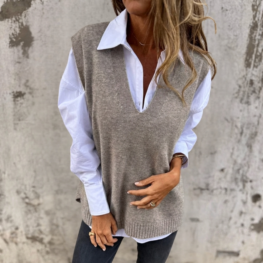 Oversized gebreide spencer dames met diepe V-hals en ribboord 2