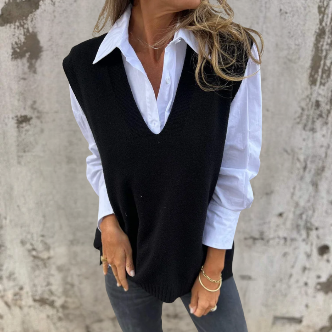 Oversized gebreide spencer dames met diepe V-hals en ribboord 3
