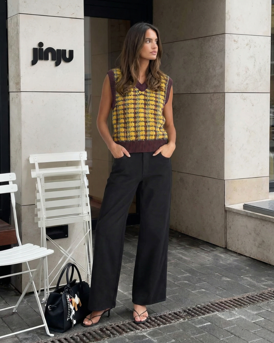 Oversized gebreide spencer dames met ruit en V-hals 2