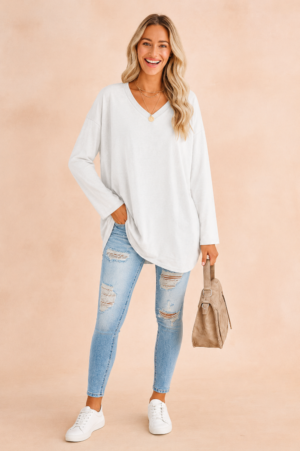Oversized longsleeve tuniek dames met ronde hals en lange mouwen 10