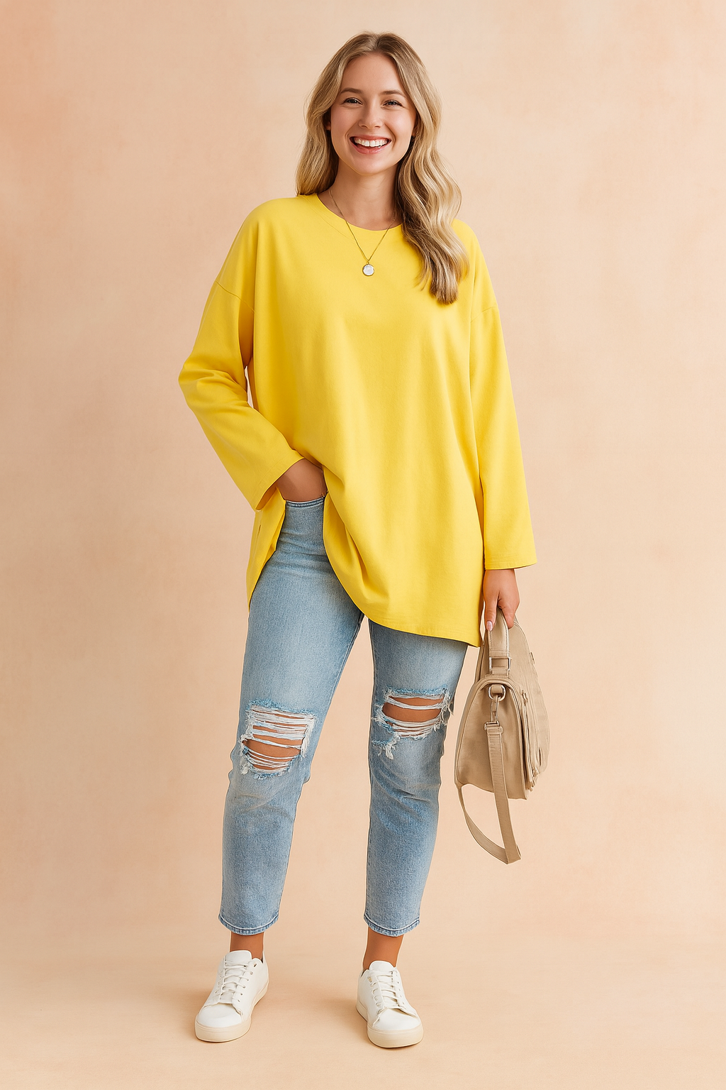 Oversized longsleeve tuniek dames met ronde hals en lange mouwen 11