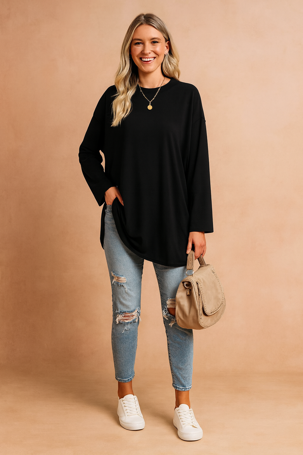 Oversized longsleeve tuniek dames met ronde hals en lange mouwen 2