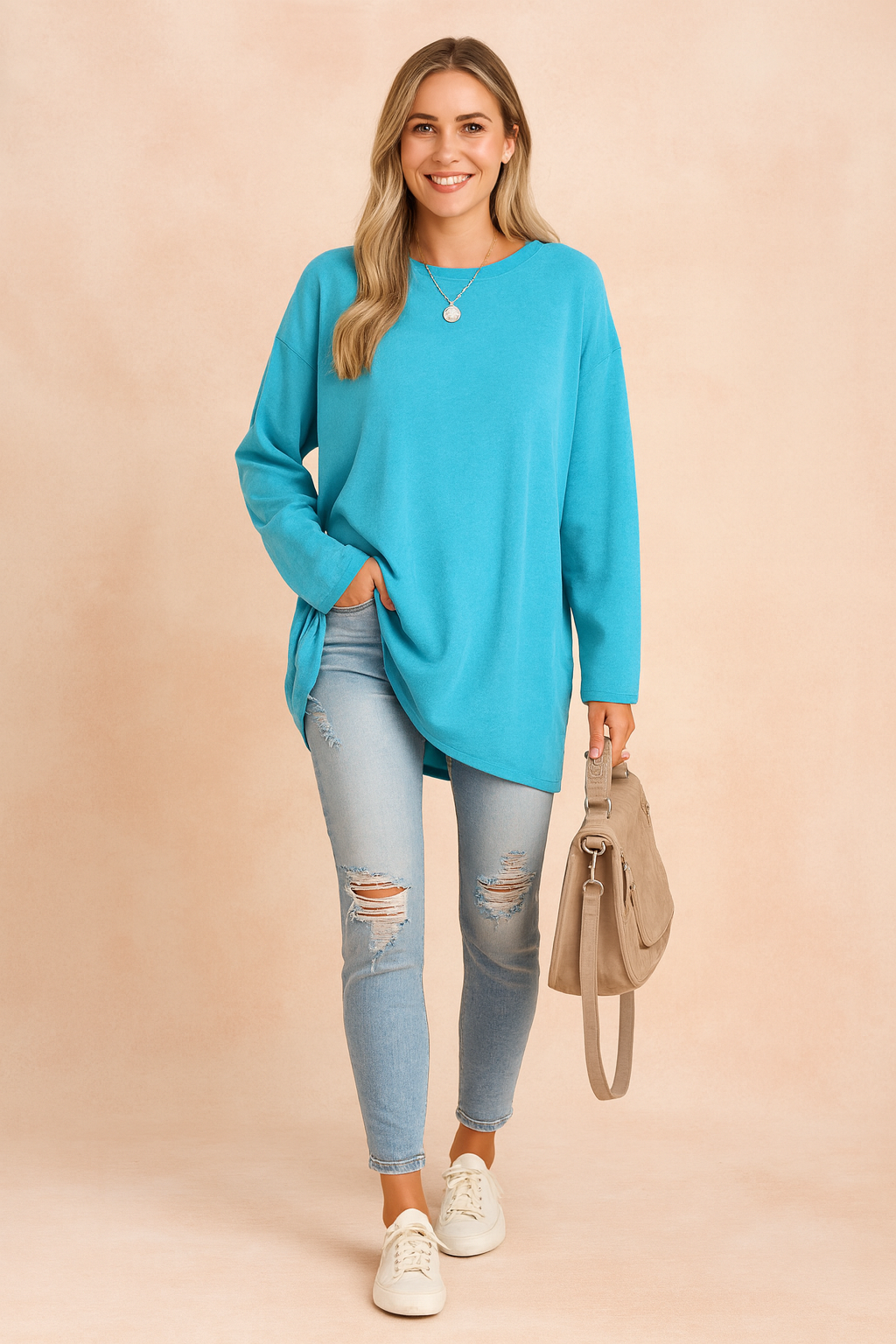 Oversized longsleeve tuniek dames met ronde hals en lange mouwen 4