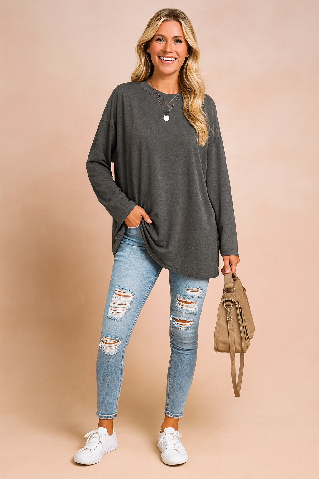 Oversized longsleeve tuniek dames met ronde hals en lange mouwen 5