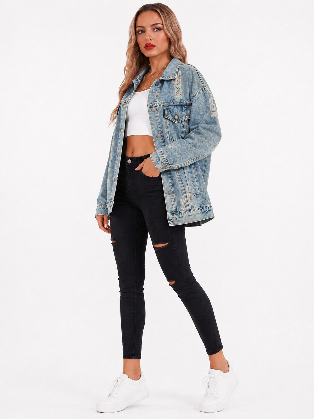 Oversized spijkerjas dames met vintage wassing en lichte scheuren 1