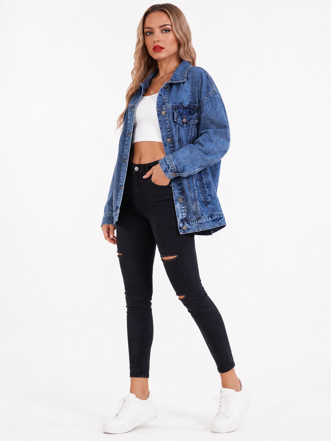Oversized spijkerjas dames met vintage wassing en lichte scheuren 3