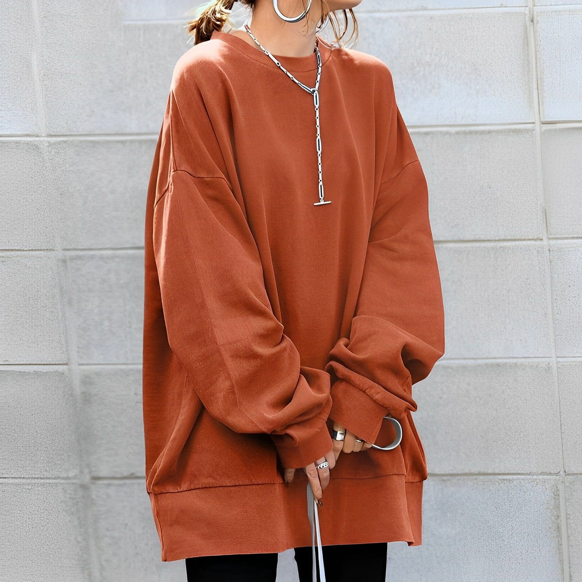 Oversized trui dames met ronde hals en gedropte mouwen 4