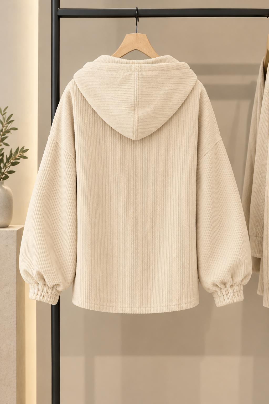 Oversized vest dames met capuchon en ribfluwelen uitstraling 10