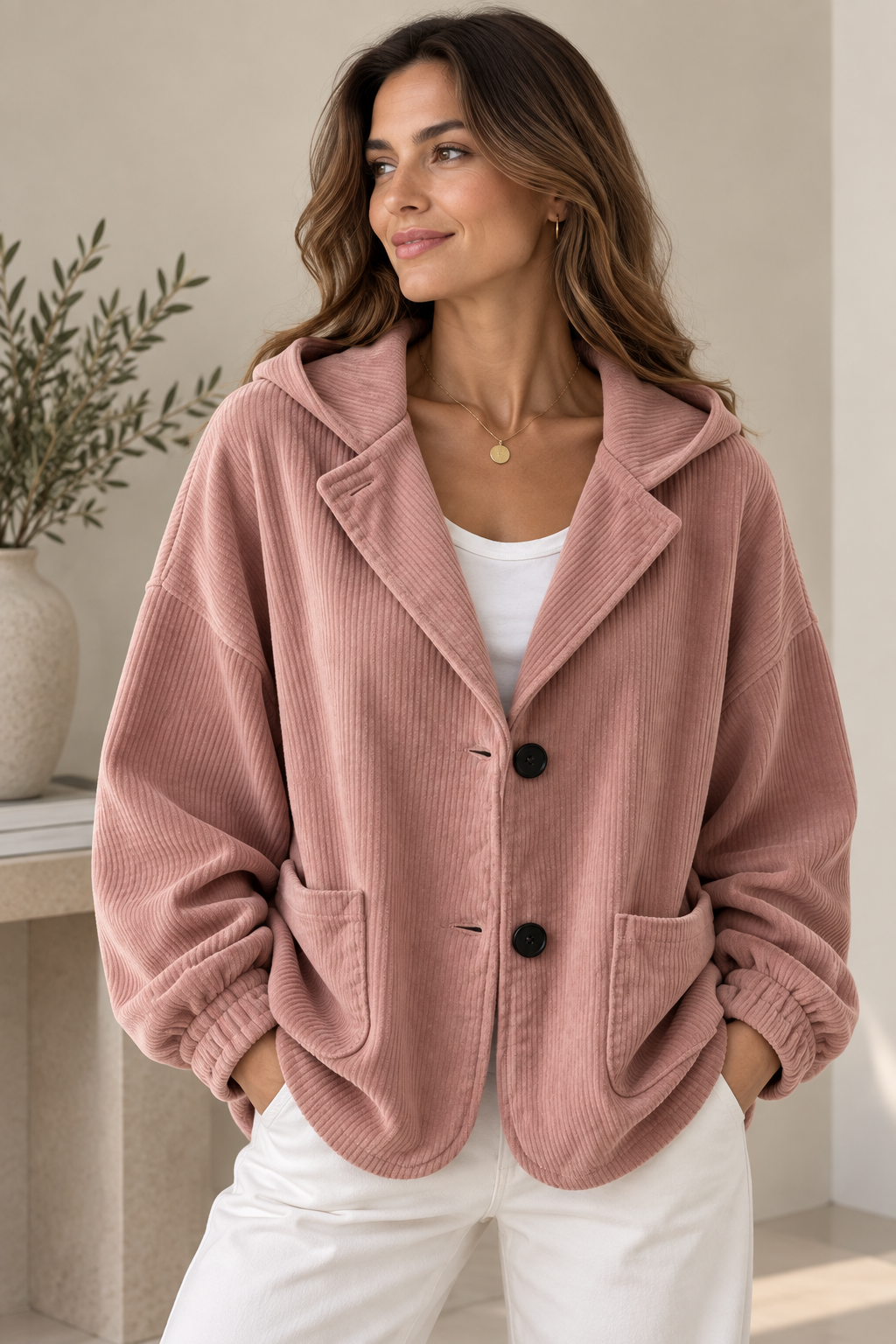 Oversized vest dames met capuchon en ribfluwelen uitstraling 2