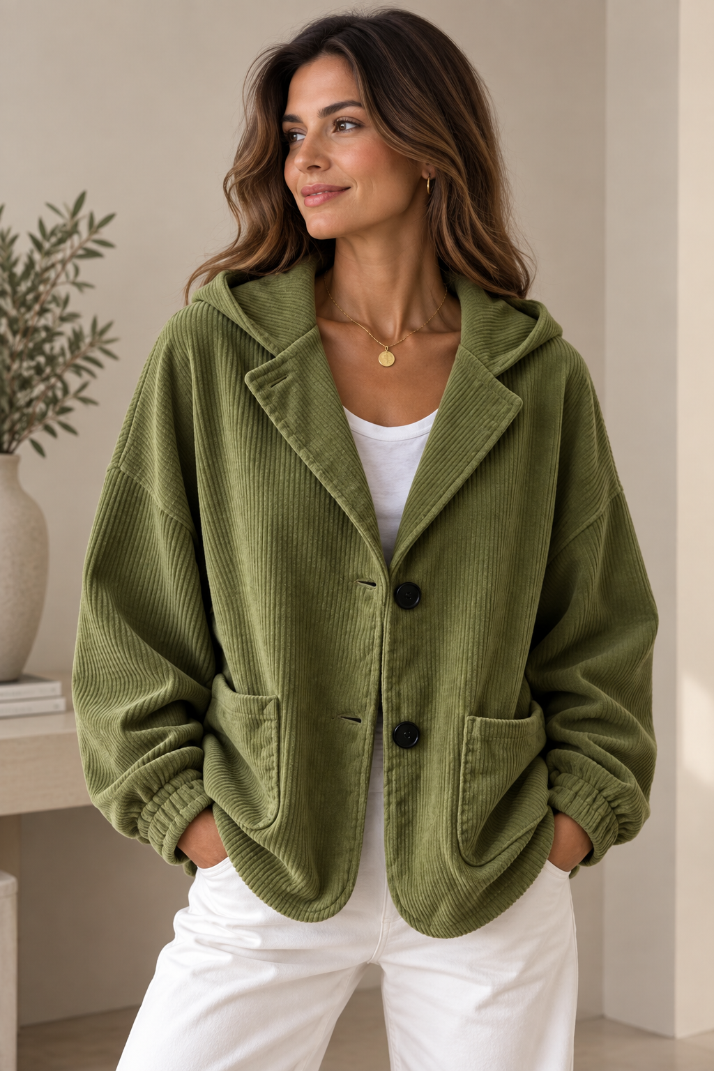 Oversized vest dames met capuchon en ribfluwelen uitstraling 4