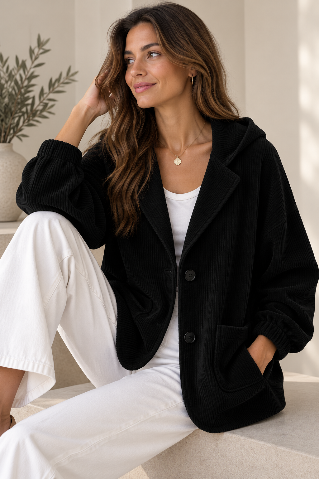 Oversized vest dames met capuchon en ribfluwelen uitstraling 5