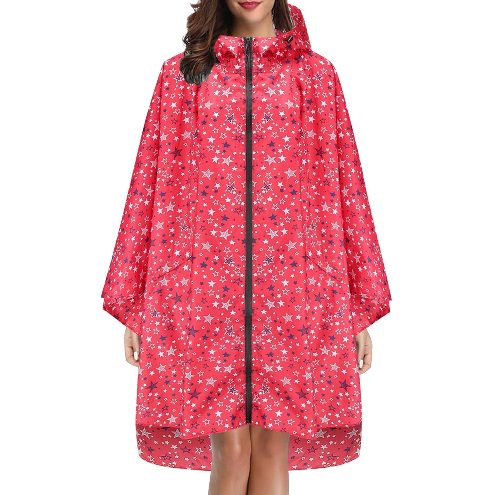 Regenponcho dames waterdicht met capuchon, rits en print 11