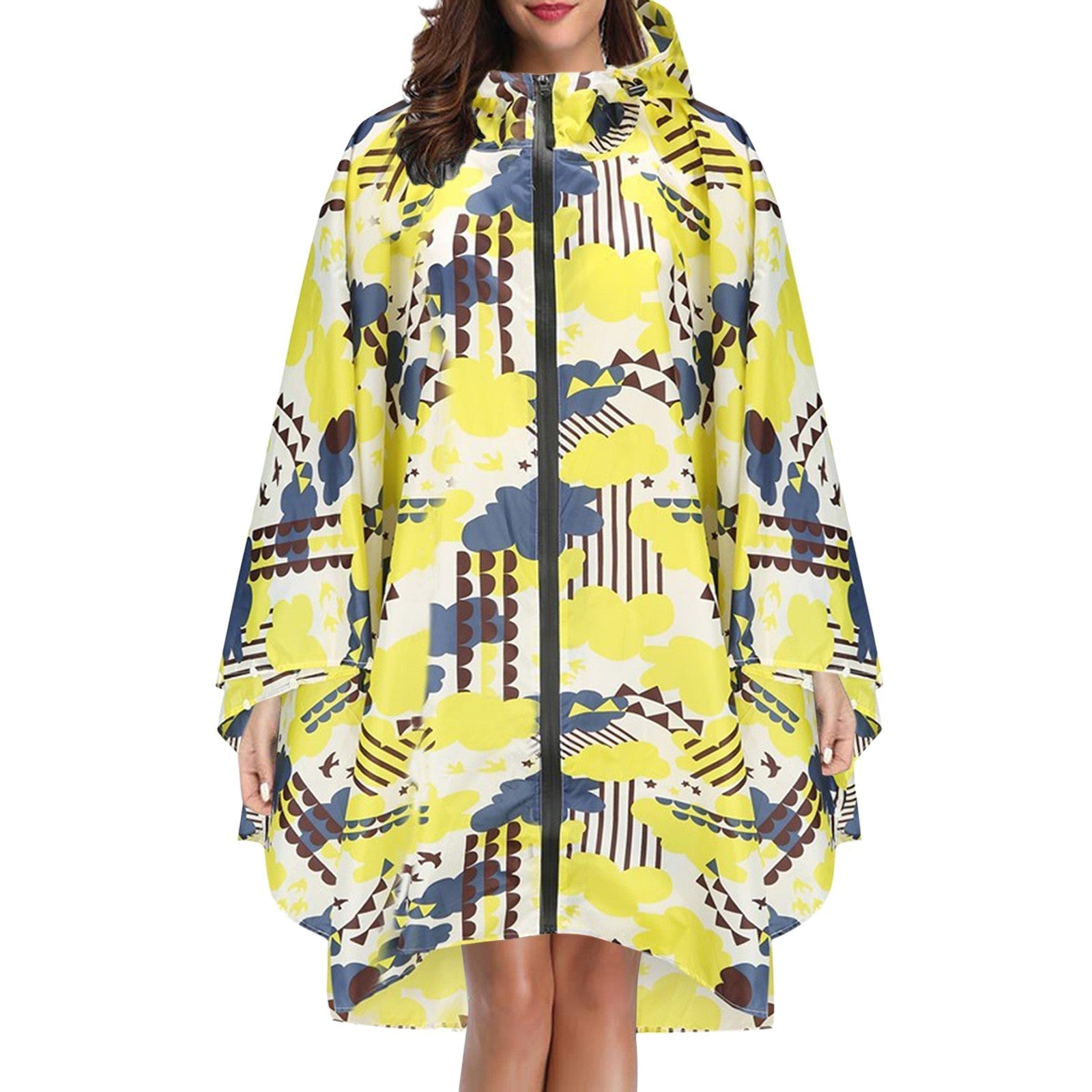 Regenponcho dames waterdicht met capuchon, rits en print 12