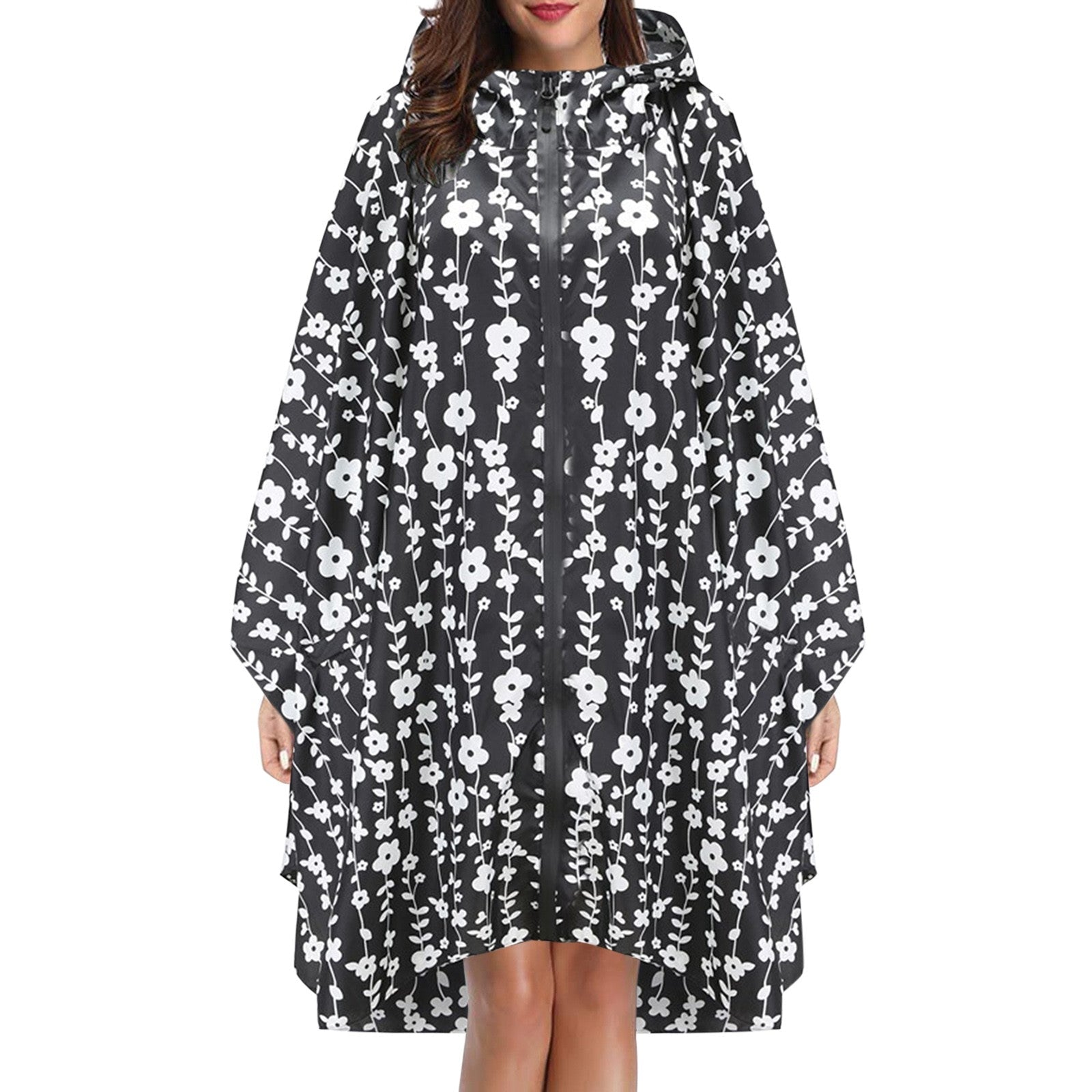 Regenponcho dames waterdicht met capuchon, rits en print 14
