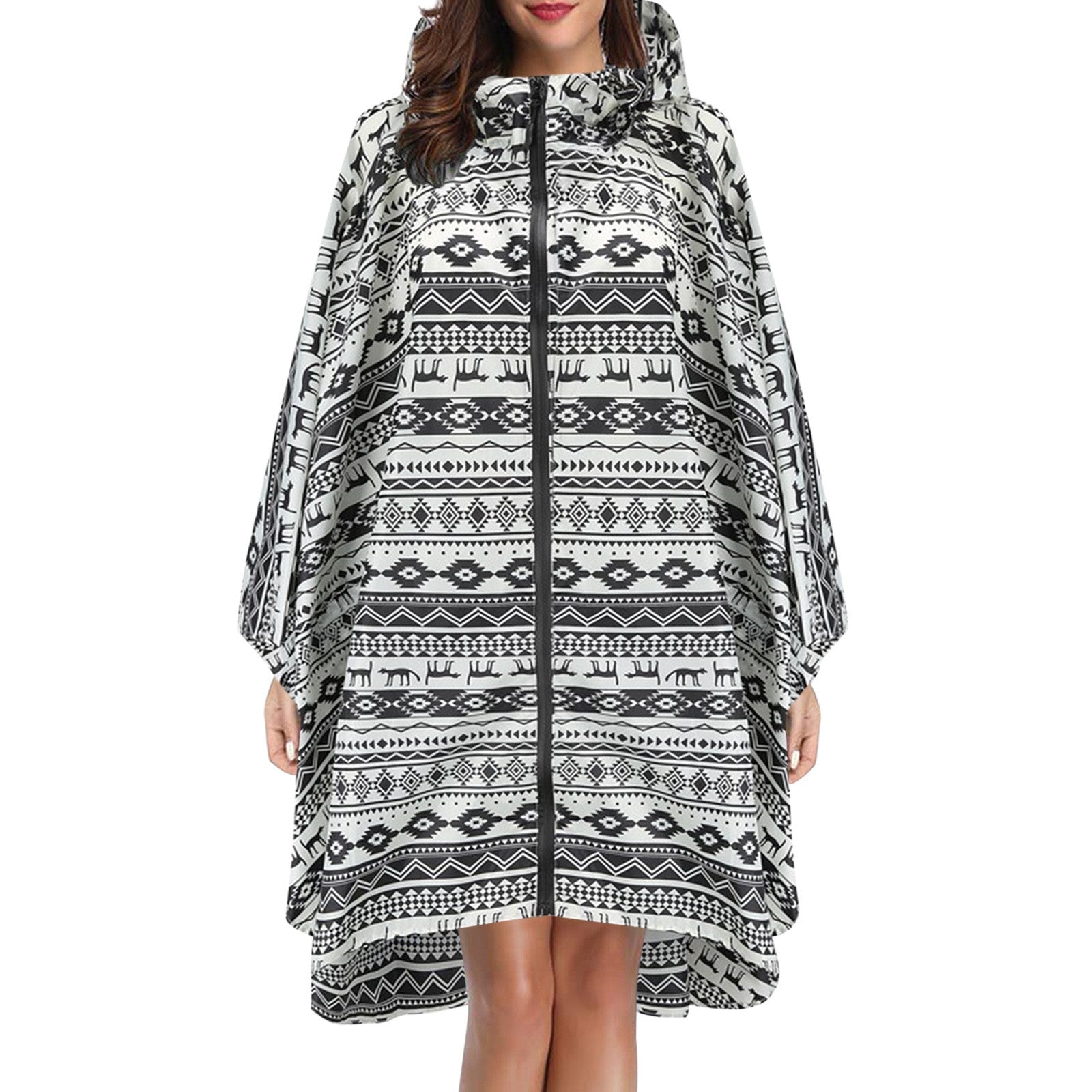 Regenponcho dames waterdicht met capuchon, rits en print 2