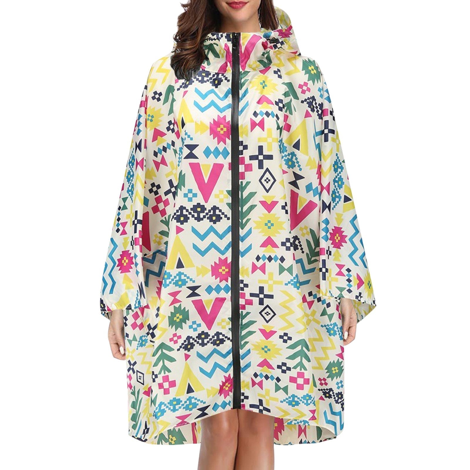 Regenponcho dames waterdicht met capuchon, rits en print 7