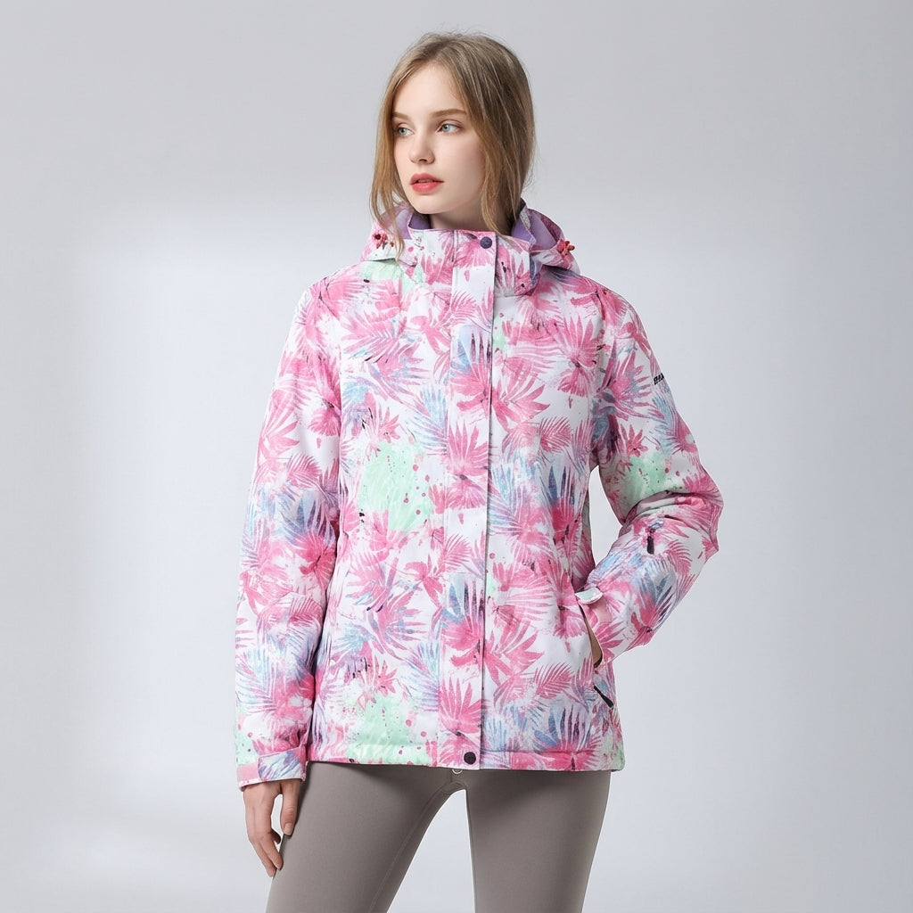 Ski-jas dames met capuchon en bloemenprint waterafstotend gevoerd 1