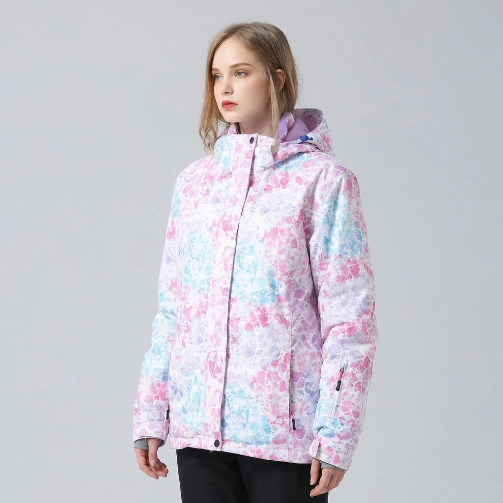Ski-jas dames met capuchon en bloemenprint waterafstotend gevoerd 2