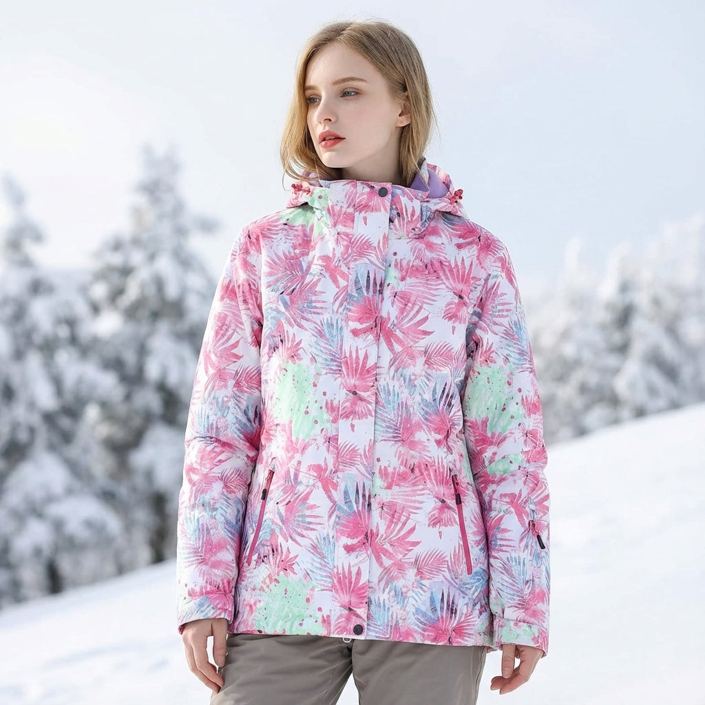Ski-jas dames met capuchon en bloemenprint waterafstotend gevoerd 8