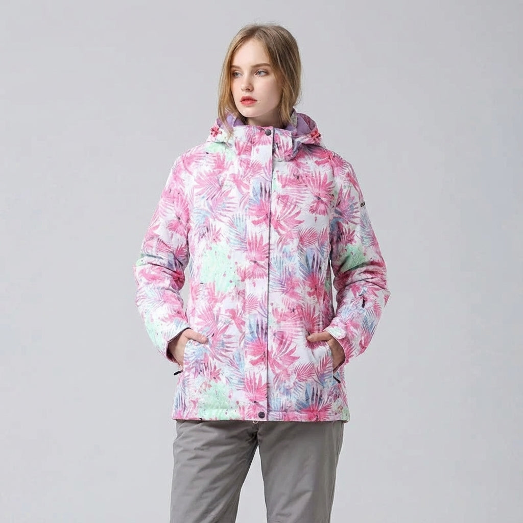 Ski-jas dames met capuchon en bloemenprint waterafstotend gevoerd 9