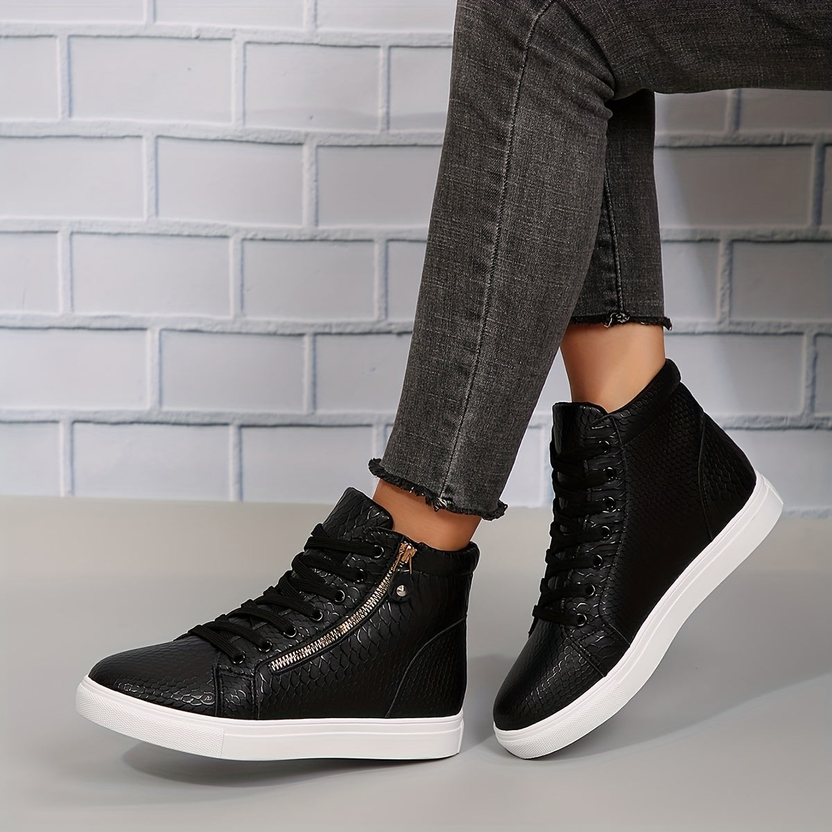 Sneakers dames hoog met veters en rits 5