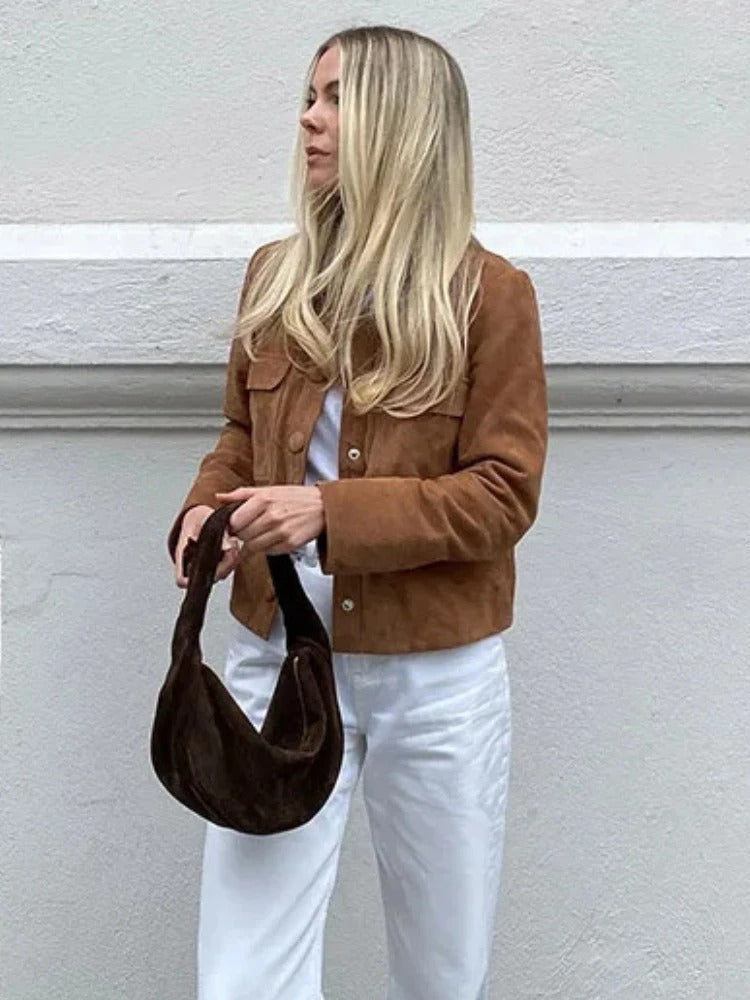Suede jas dames met hemdkraag en opgezette borstzakken 7
