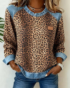 Sweater dames met luipaardprint en denim-look 1